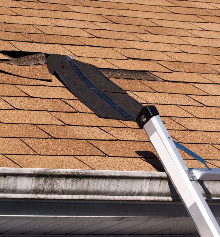 Close-up of a damaged residential roof in Sacramento showing wind-blown architectural shingles and exposed felt underlayment being prepared for professional fix roof shingles service.