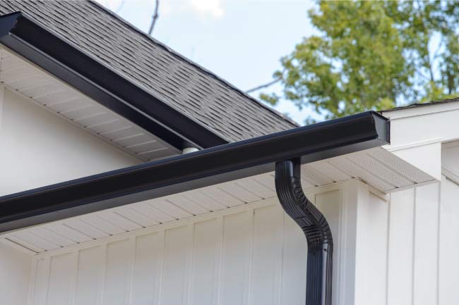 Sleek black seamless aluminum gutter system installed on a white fascia board under a shingle roof to improve home drainage.