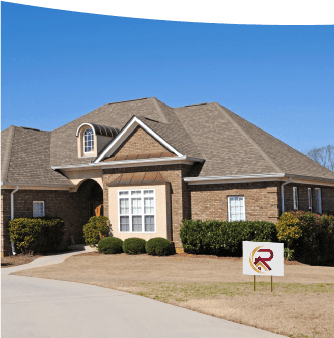 Single-story residential home with a brand new roof installation by the best roofing contractors, featuring a Capital Roofcare & Renovation yard sign