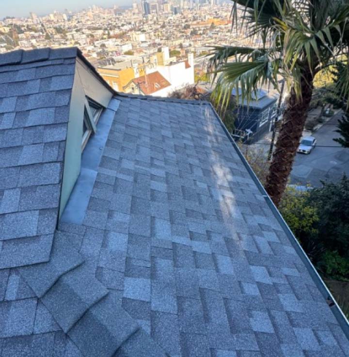 roofing shingle roof and the city behind